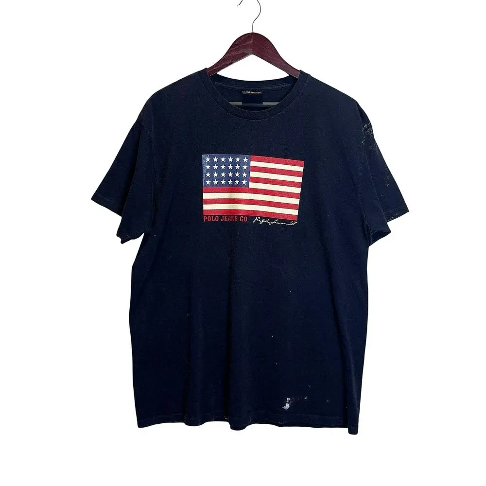 Vintage Polo Jeans Ralph Lauren Distressed American Flag T-Shirt Blue Sz L *Read